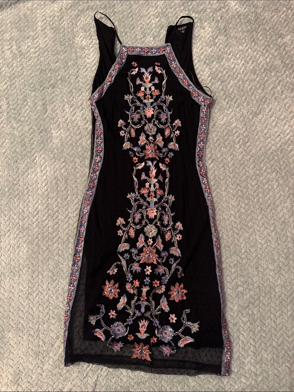 Guess Black Midi Dress with Pink and Lavender Floral Embroidery